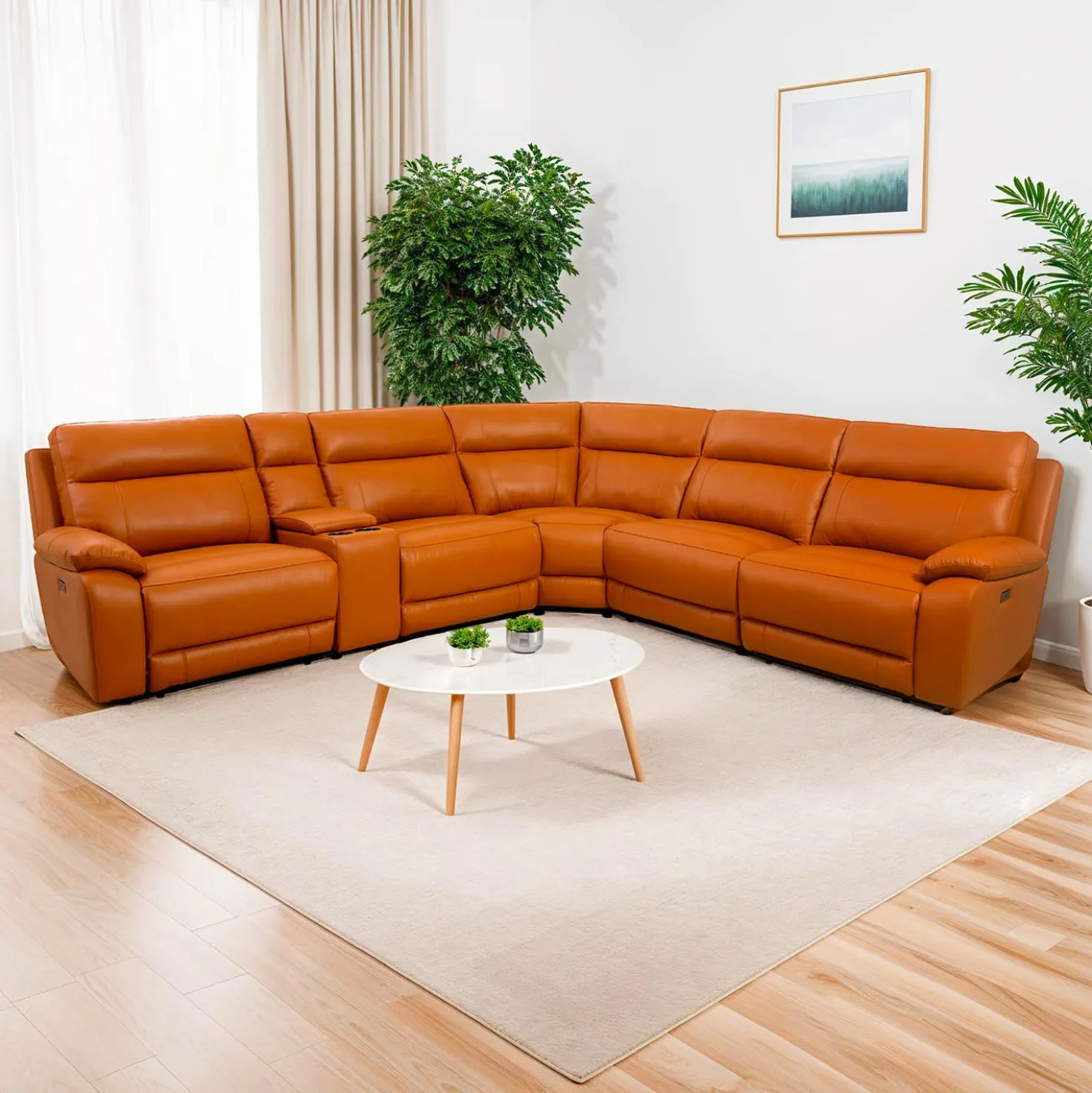 Sectionnel modulaire inclinable électrique avec console en cuir véritable - 6 mcx