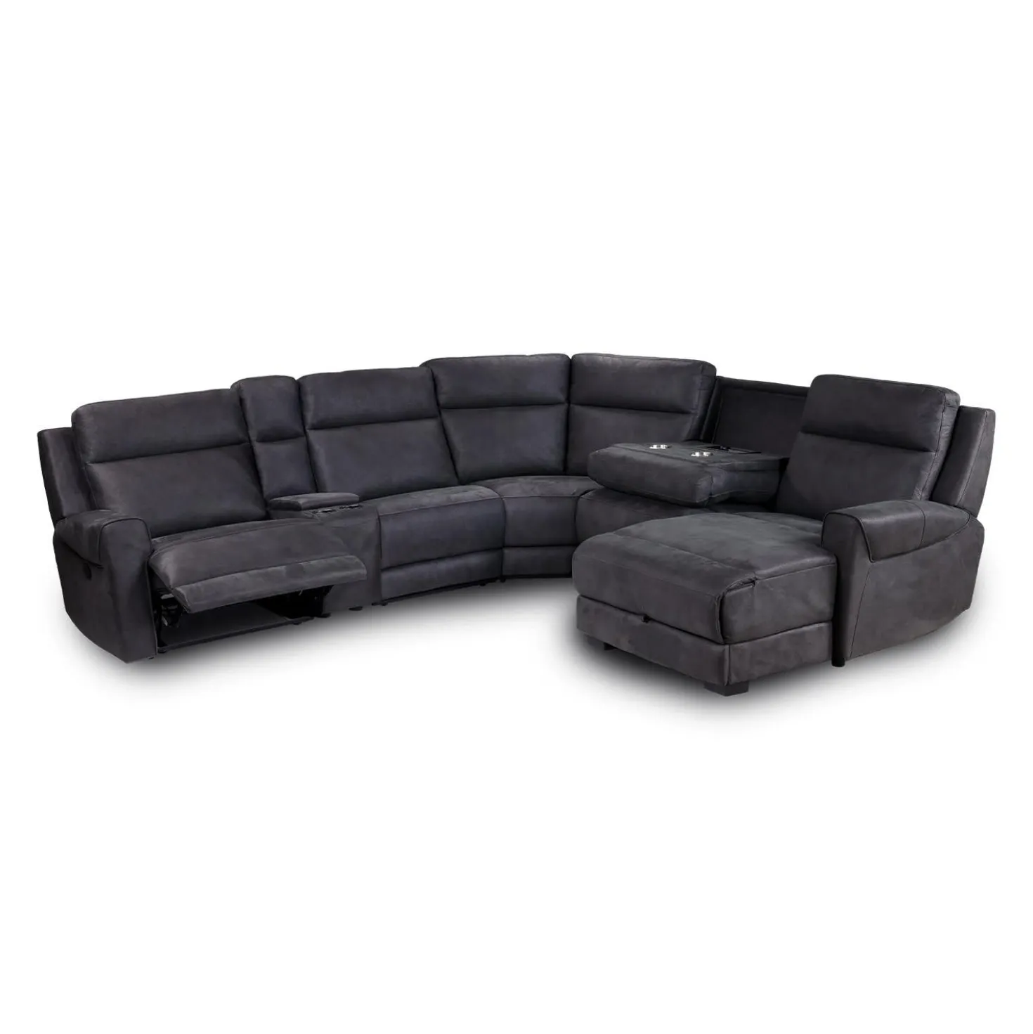 Sectionnel modulaire inclinable, sièges rabattables, chaise longue avec rangement, console avec porte-gobelets et ports USB/USB-C - 6 mcx