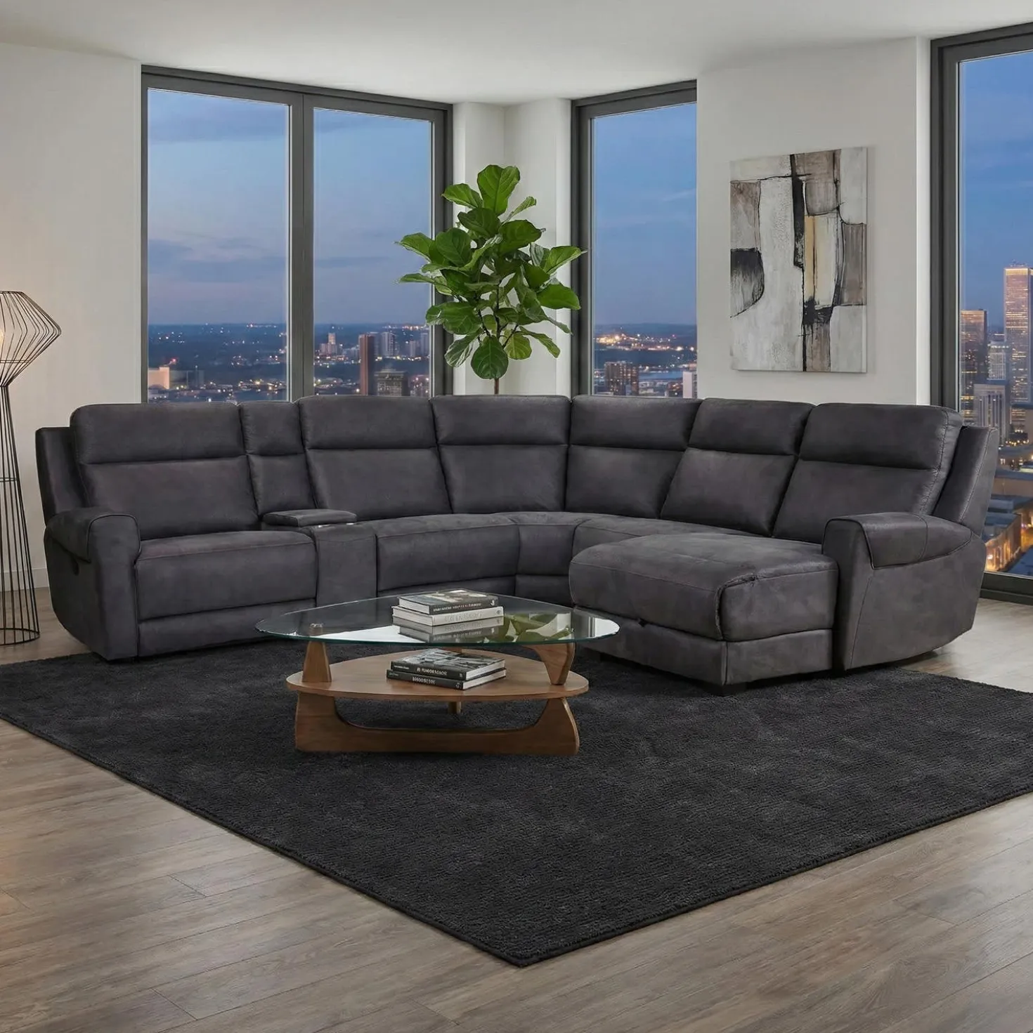 Sectionnel modulaire inclinable, sièges rabattables, chaise longue avec rangement, console avec porte-gobelets et ports USB/USB-C - 6 mcx