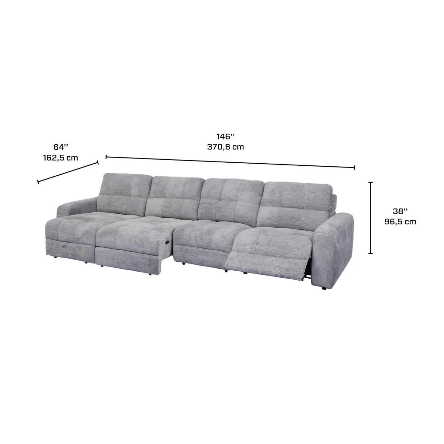 Sectionnel modulaire électrique inclinable avec 1 siège coulissant et chaise longue à gauche avec rangement - 4 mcx