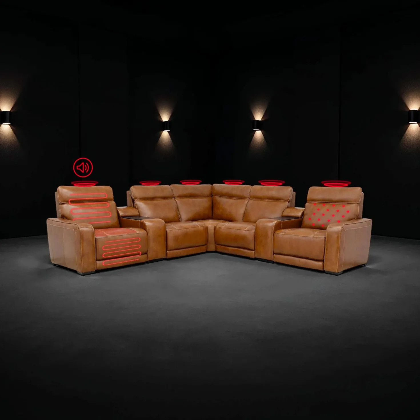 Sectionnel modulaire électrique inclinable avec 2 consoles, haut-parleurs intégrés, massage et chaleur - 7 mcx