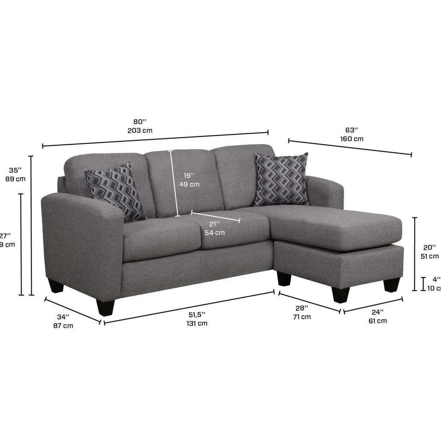 Sectionnel réversible avec chaise longue - gris charbon