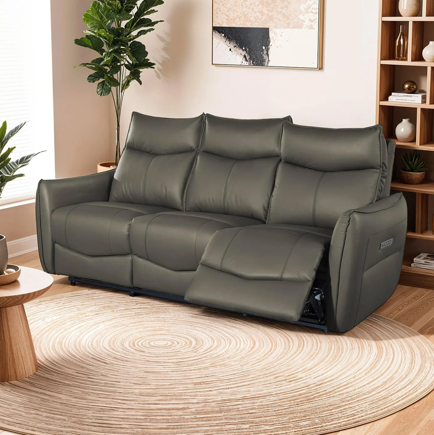 Sofa inclinable électrique en cuir véritable à 3 moteurs - appuis-tête, repose-pieds et soutien lombaire