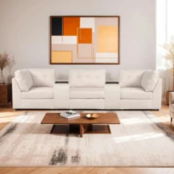 Sofa modulaire beige avec 2 consoles - 5 mcx