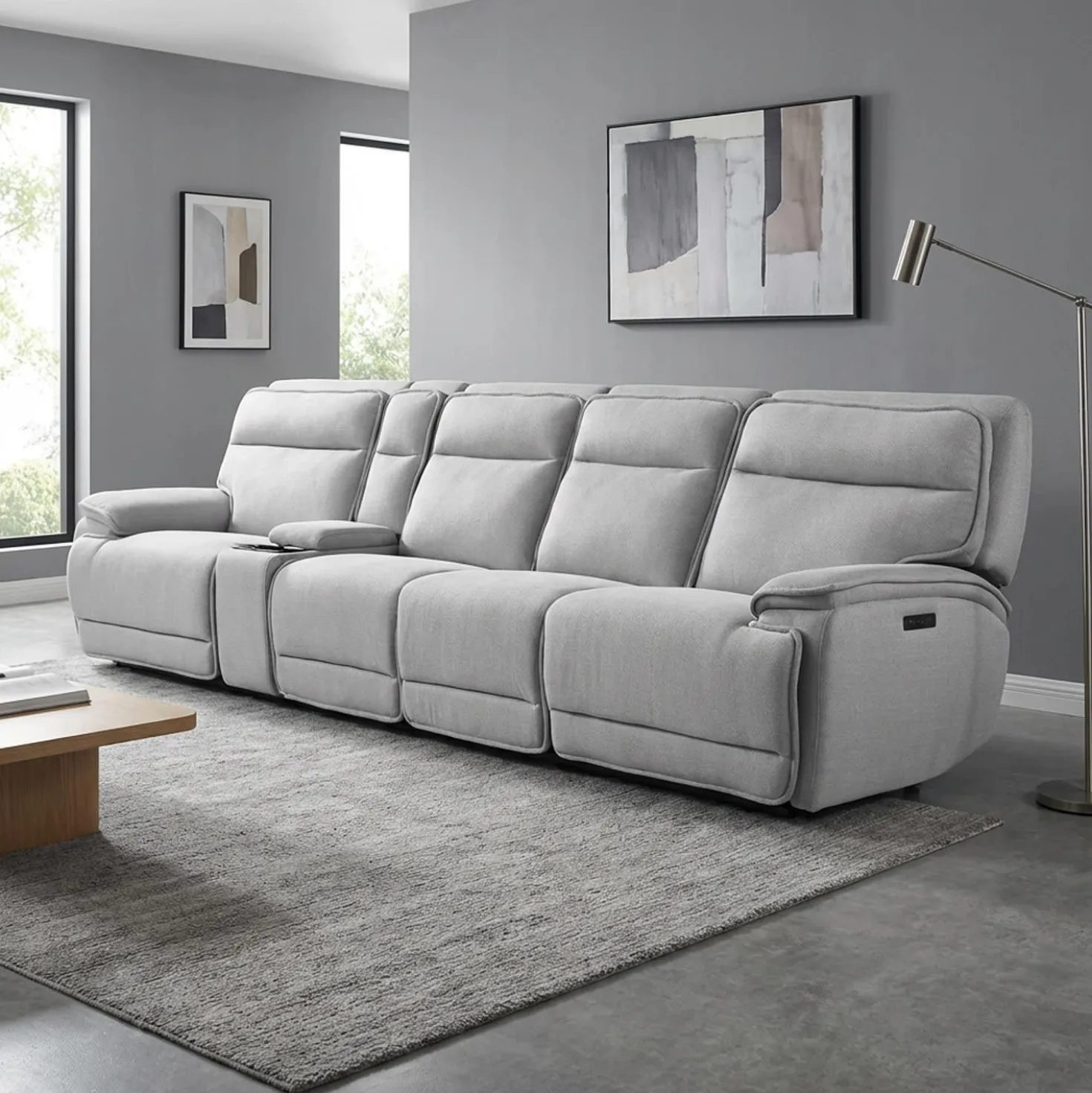Sofa modulaire inclinable électrique, appuis-tête ajustables, console avec système audio et 2 sièges avec dossiers rabattables - 5 mcx