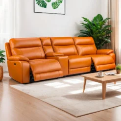 Sofa modulaire inclinable électrique avec console en cuir véritable - 4 mcx