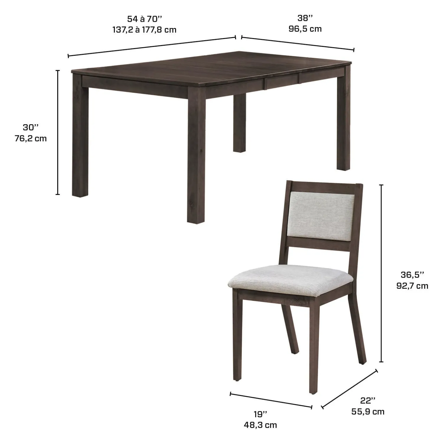 Table avec rallonge (54" à 70") et 4 chaises - ardoise
