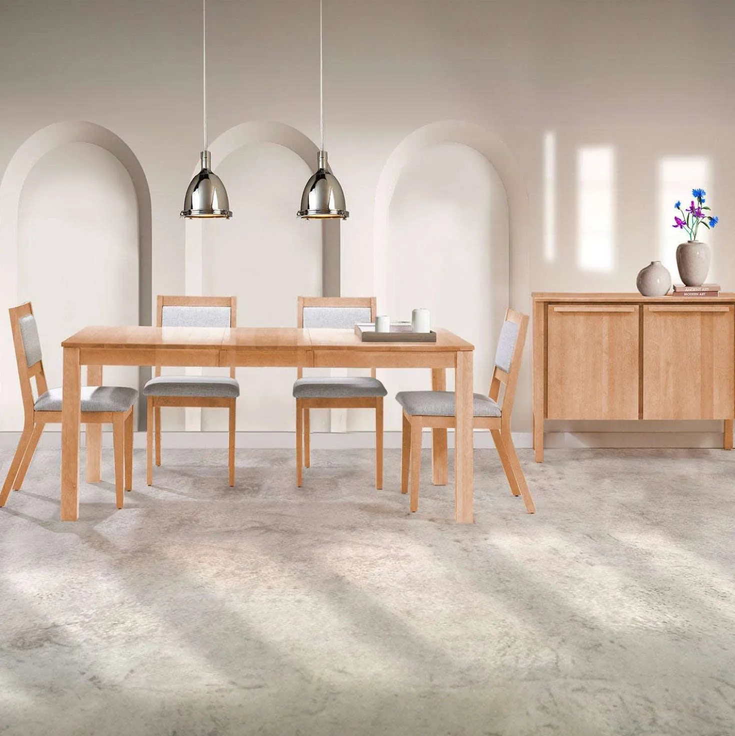 Table avec rallonge (54" à 70") et 4 chaises - bois naturel