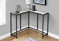 Table console - forme de L, coin, cadre en métal - 36"L - faux marbre blanc - Monarch