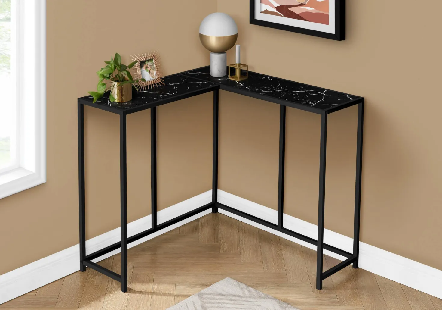 Table console - forme de L, coin, cadre en métal - 36"L - faux marbre noir - Monarch