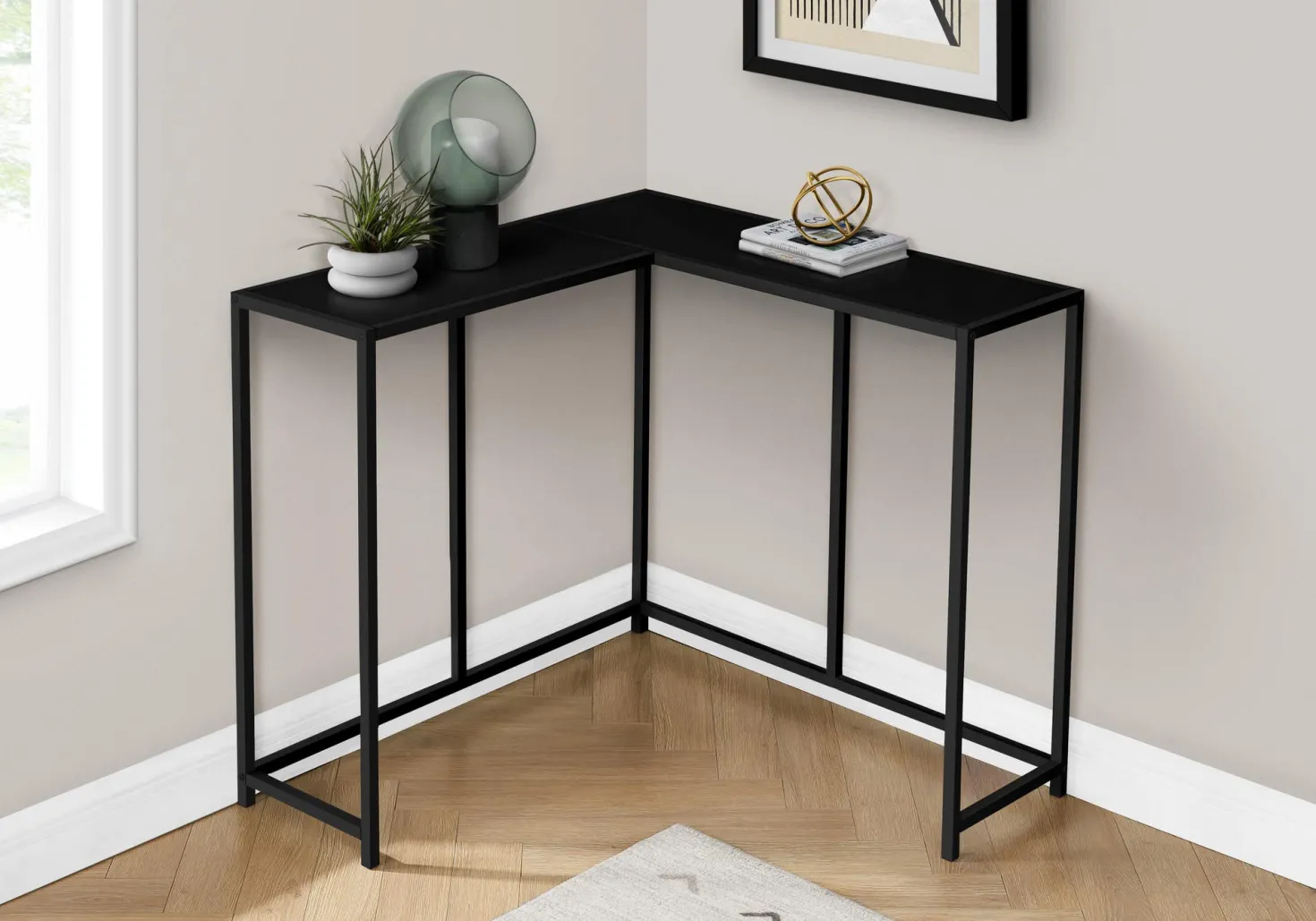 Table console - forme de L, coin, cadre en métal - 36"L - noir - Monarch