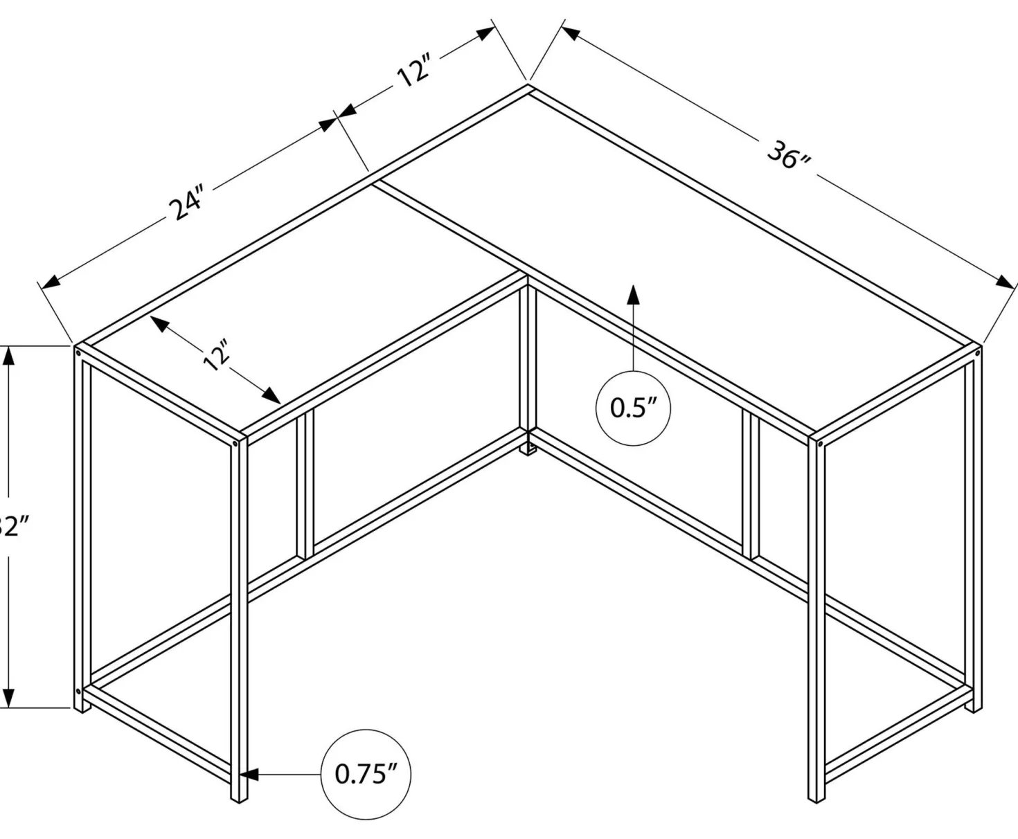 Table console - forme de L, coin, cadre en métal - 36"L - noir - Monarch