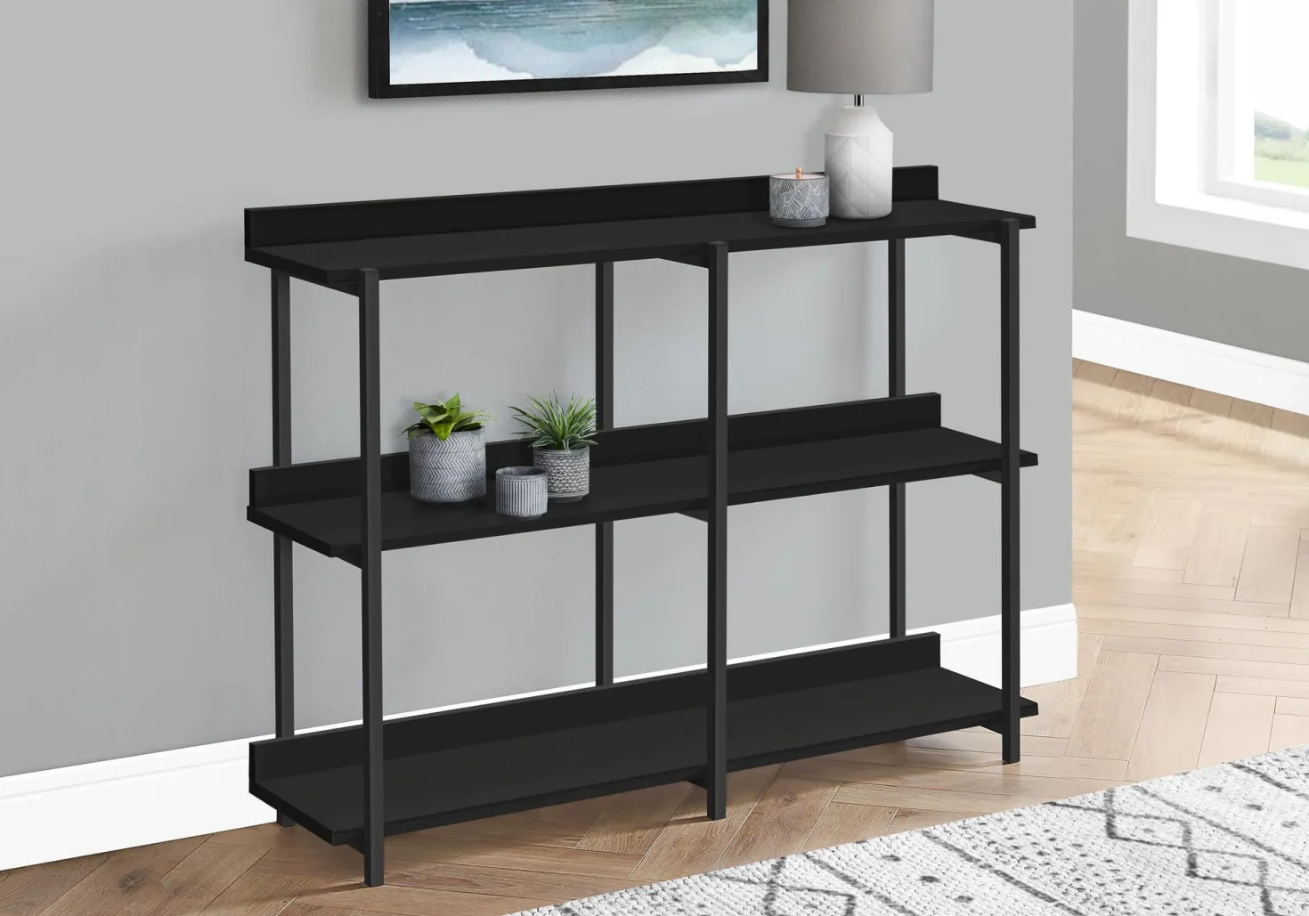 Table console - 3 niveau, étagères, rectangulaire, pieds en métal - 48" l - Monarch