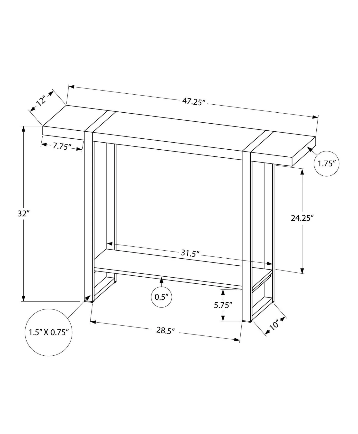 Table console - 2 niveaux, 1 tablette, rectangulaire - 48"L - faux bois bru - Monarch