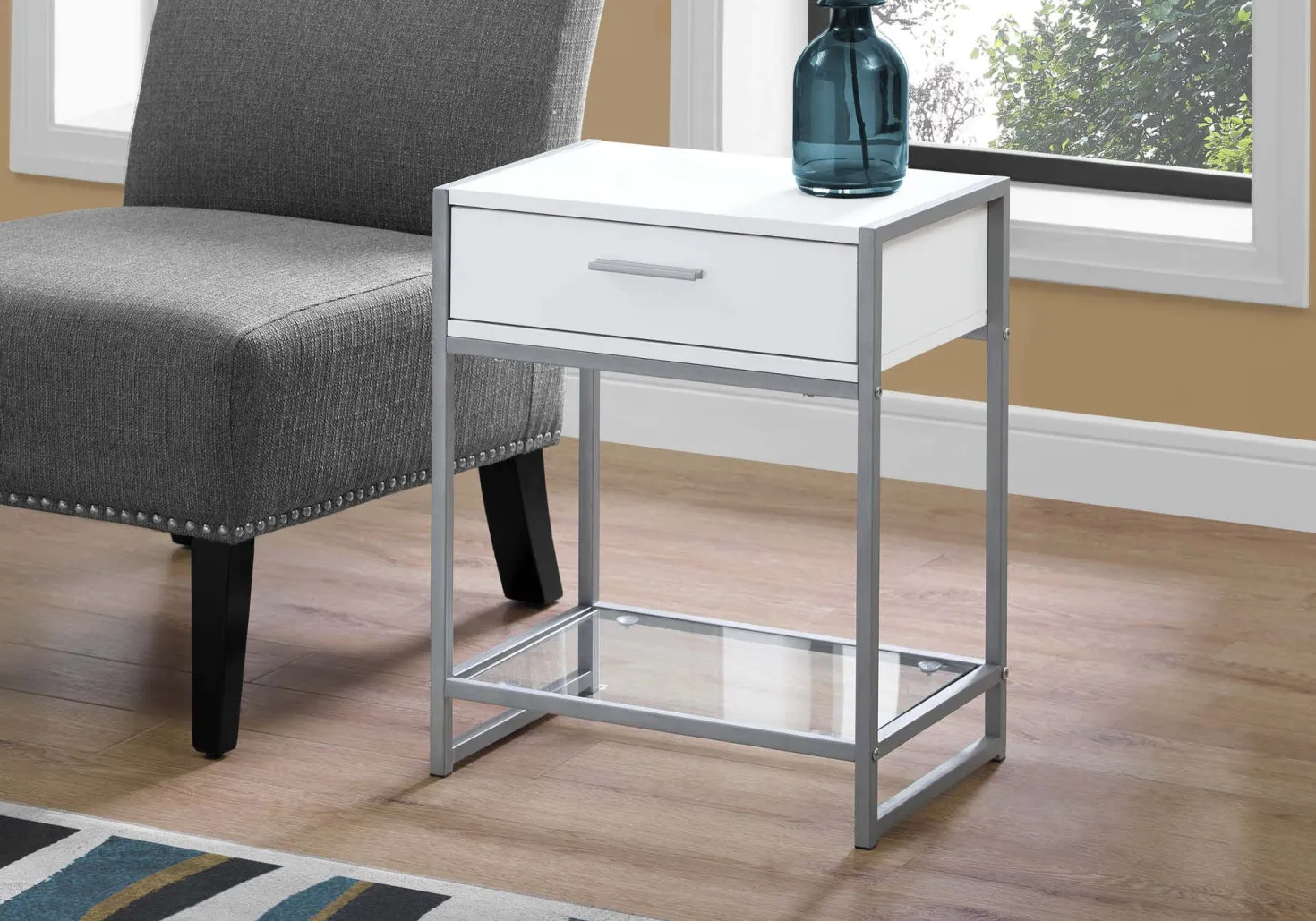 Table d'appoint - 22"H, blanc, argent, verre trempé - Monarch