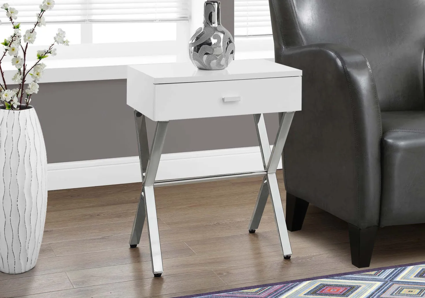 Table d'appoint - 24"H, blanc lustré, métal chrome - Monarch