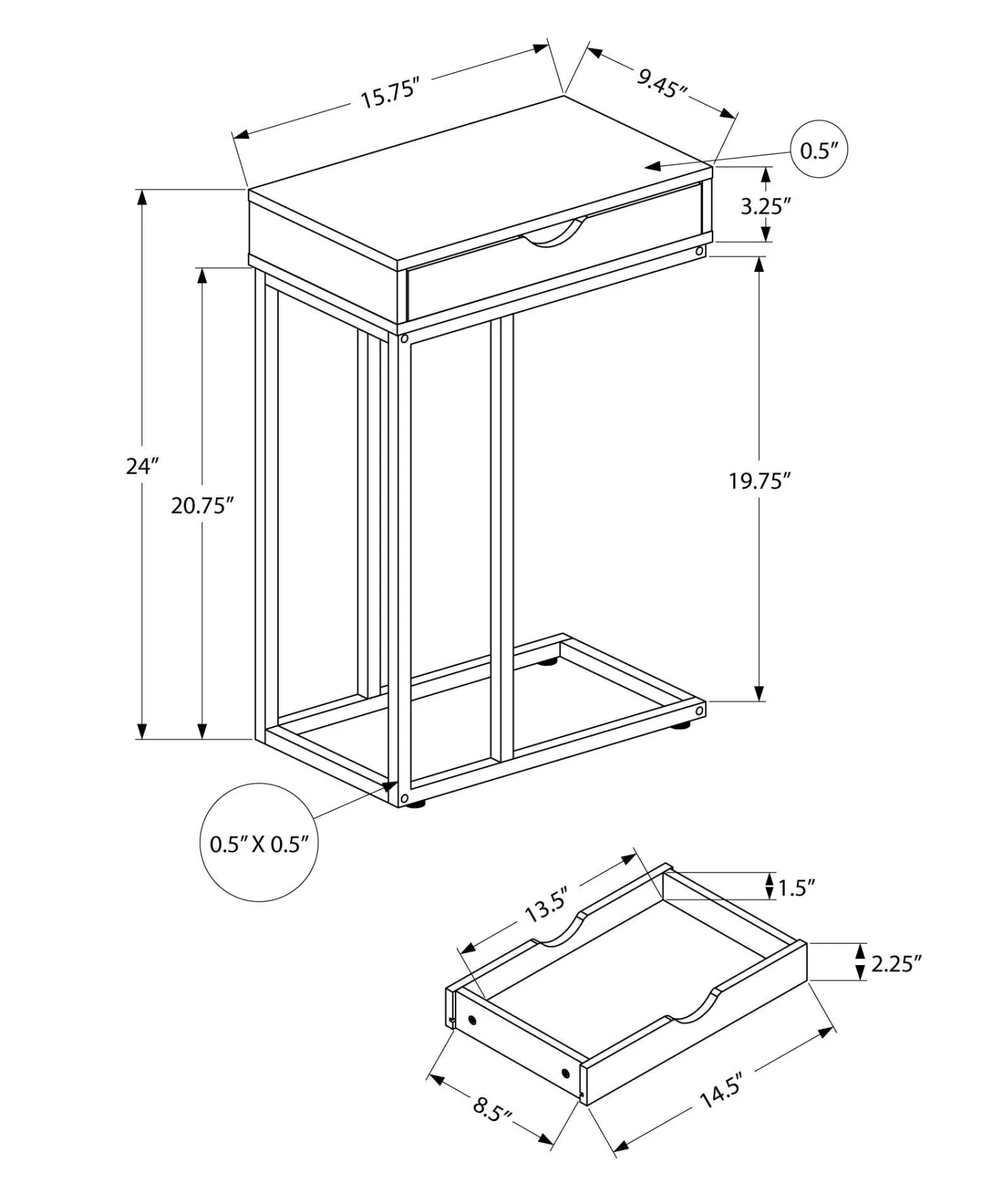 Table d'appoint - 25"H, blanc, métal argent - Monarch