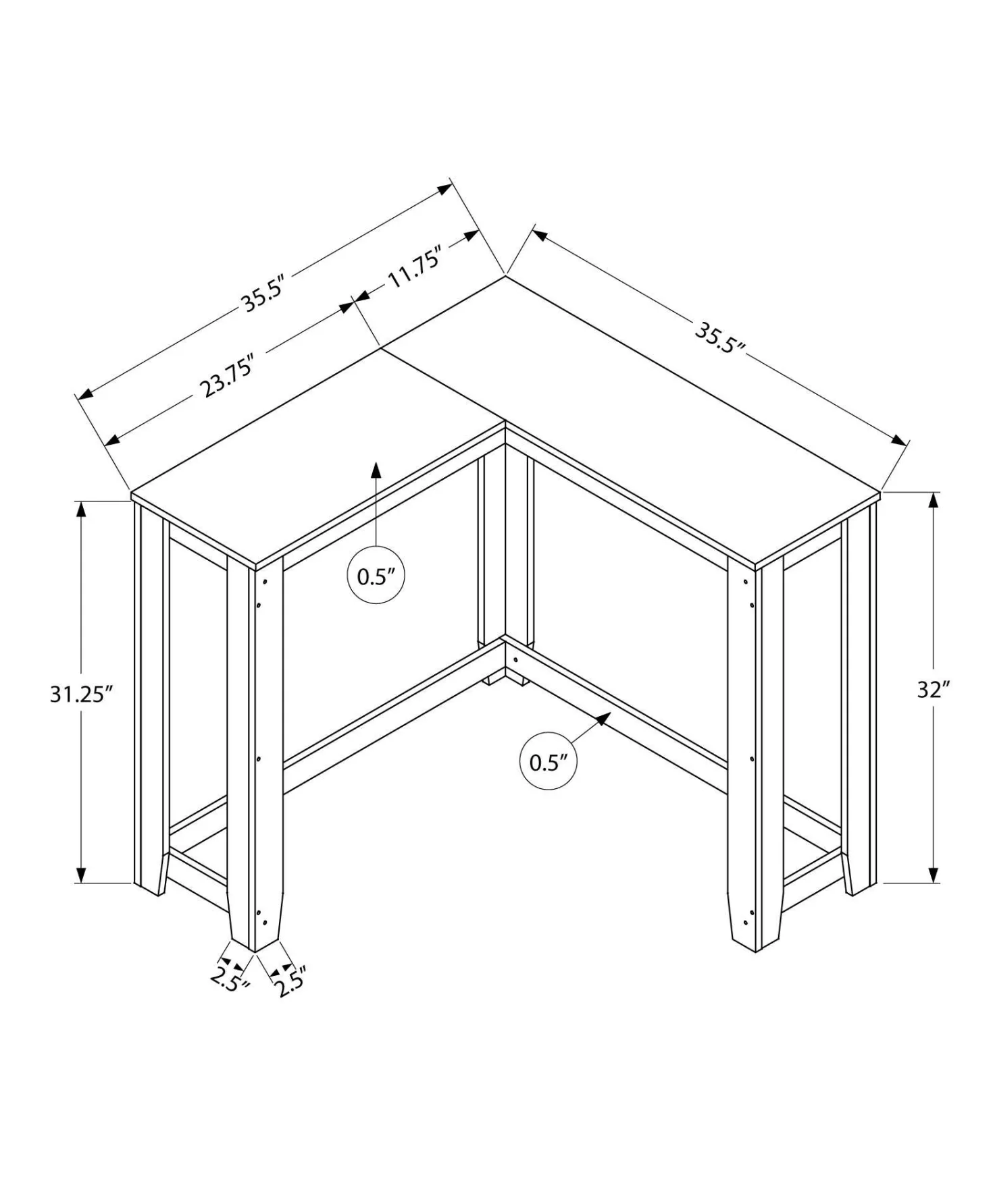 Table d'appoint - 48"L, console de coin taupe foncé - Monarch