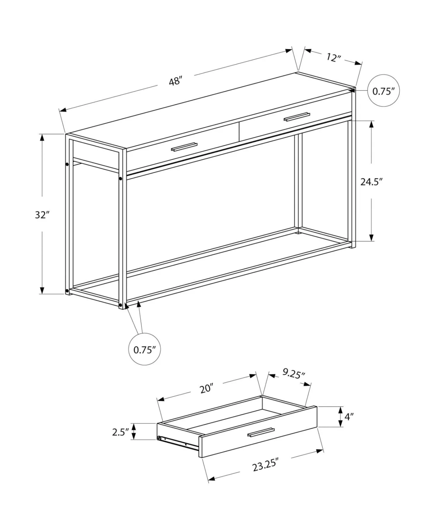 Table d'appoint - 48"L, console d'entrée gris, noir - Monarch