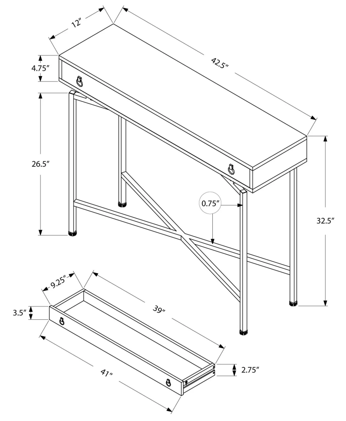 Table d'appoint - 42"L, faux bois gris, console noir - Monarch