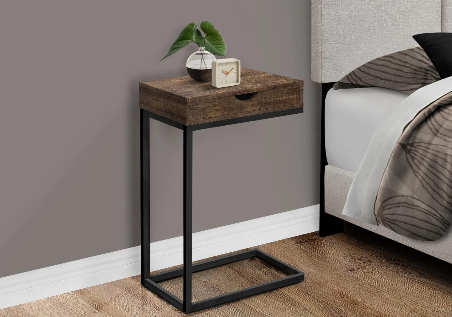 Table d'appoint - métal noir, faux bois brun, tiroir - Monarch