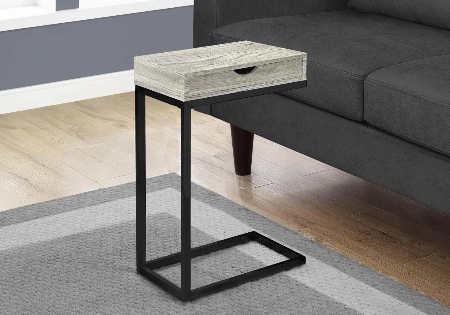 Table d'appoint - métal noir, faux bois gris, tiroir - Monarch