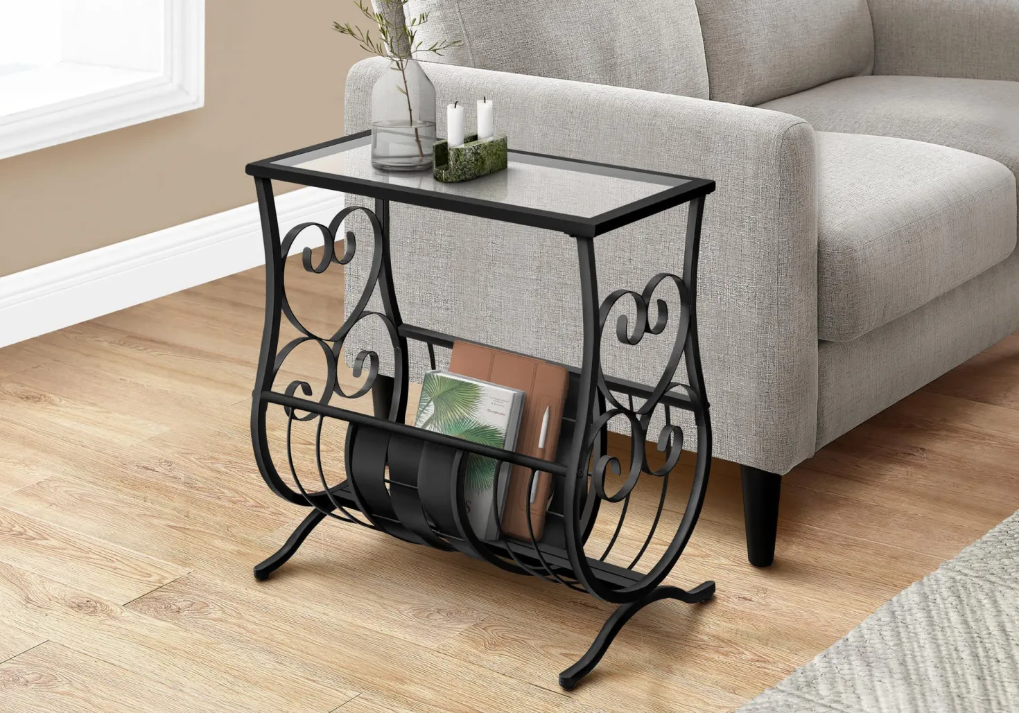 Table d'appoint - métal noir satiné avec verre trempé - Monarch