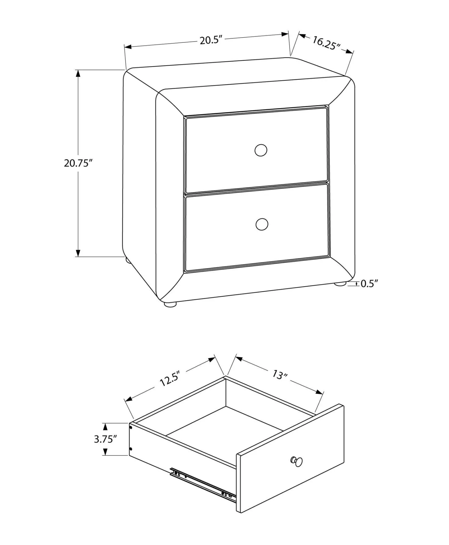 Table de chevet - rembourrée, 2 tiroirs de rangement - 21" h - velour gris p - Monarch