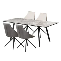 Table en pierre sintérisée et 4 fauteuils de cuisine - crème et gris