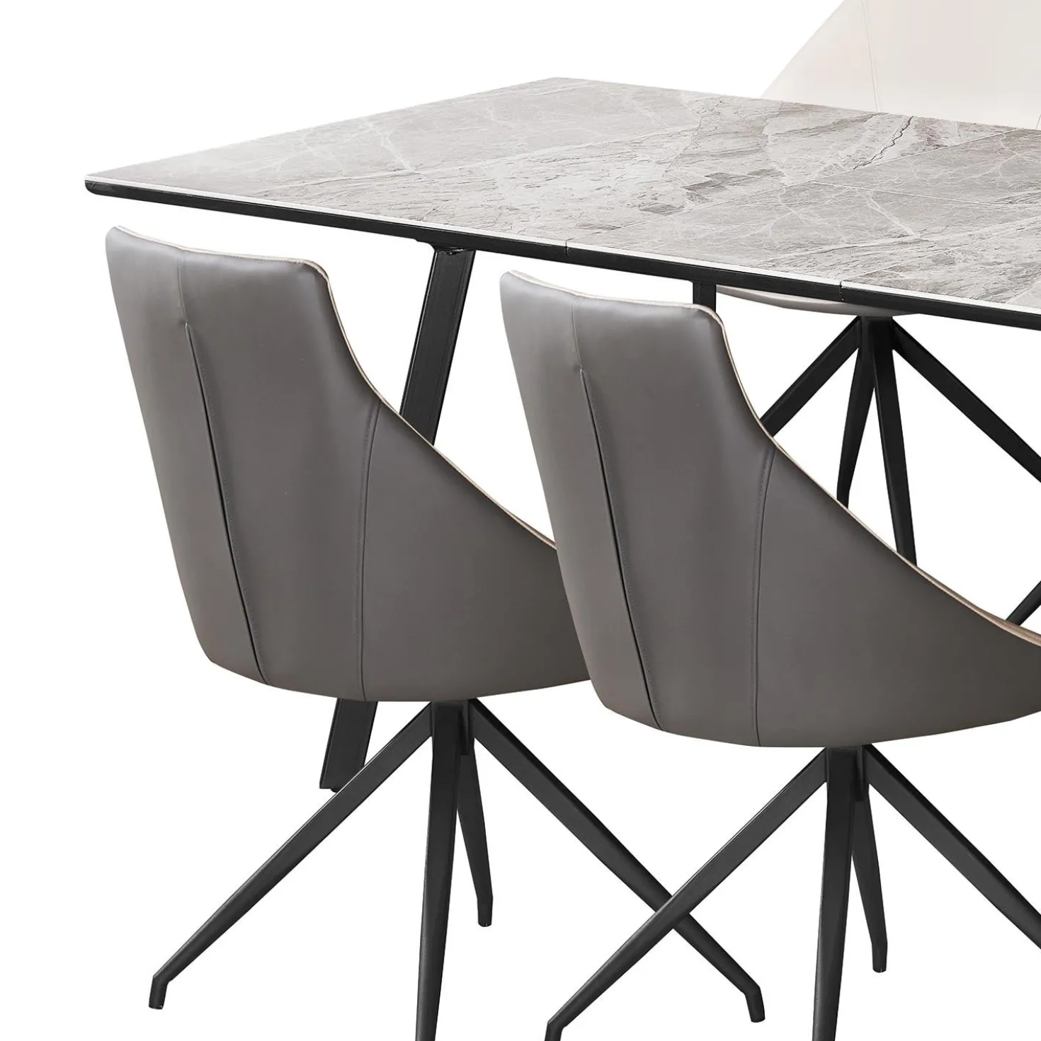 Table en pierre sintérisée et 4 fauteuils de cuisine - crème et gris