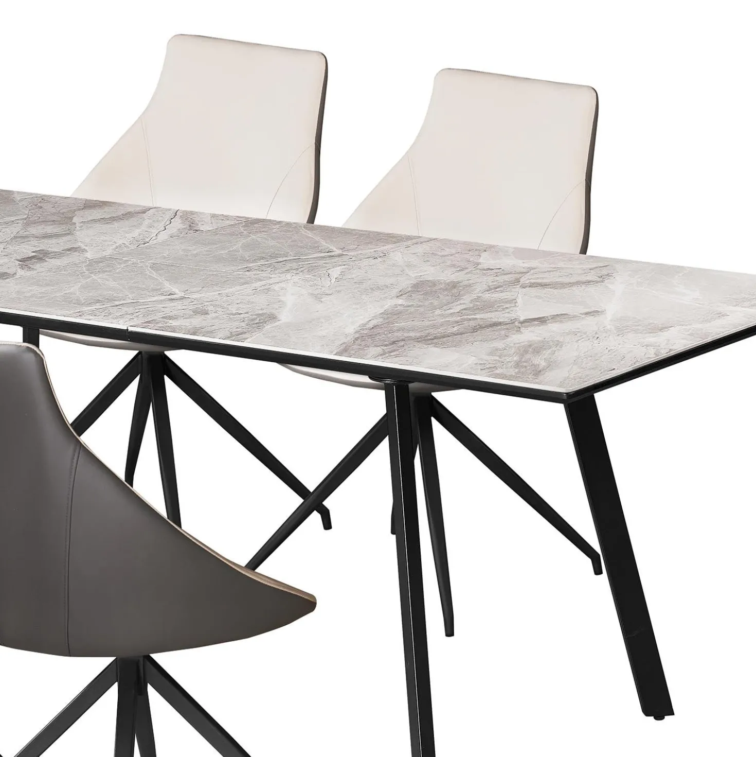 Table en pierre sintérisée et 4 fauteuils de cuisine - crème et gris