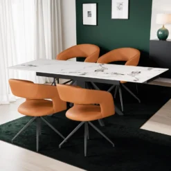 Table en pierre sintérisée et 4 fauteuils de cuisine - orange citrouille