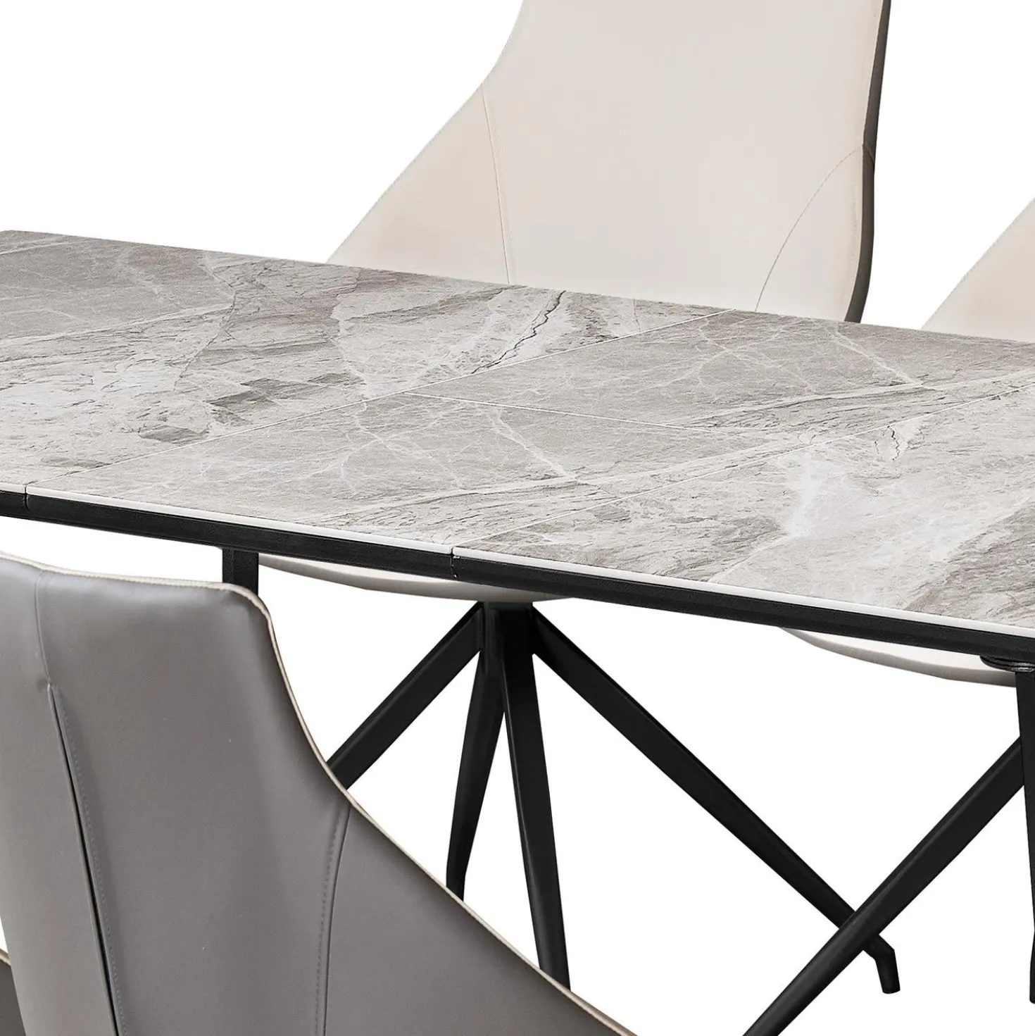Table en pierre sintérisée et 6 fauteuils de cuisine - crème et gris