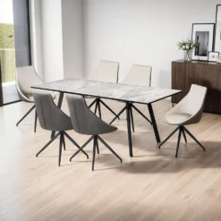 Table en pierre sintérisée et 6 fauteuils de cuisine - crème et gris