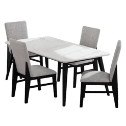Table à manger avec plateau effet marbre blanc et 4 chaises - tissu gris