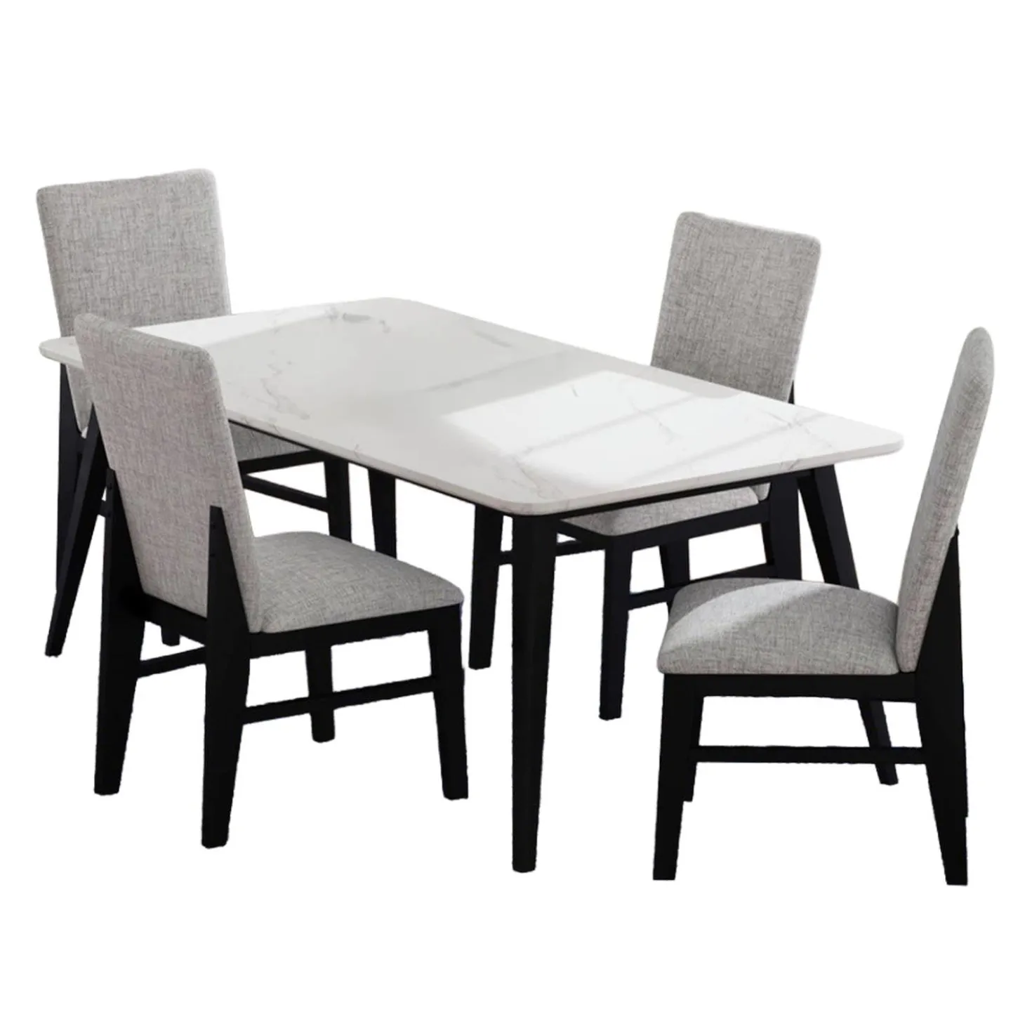 Table à manger avec plateau effet marbre blanc et 4 chaises - tissu gris
