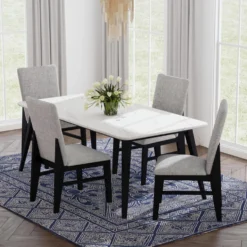 Table à manger avec plateau effet marbre blanc et 4 chaises - tissu gris