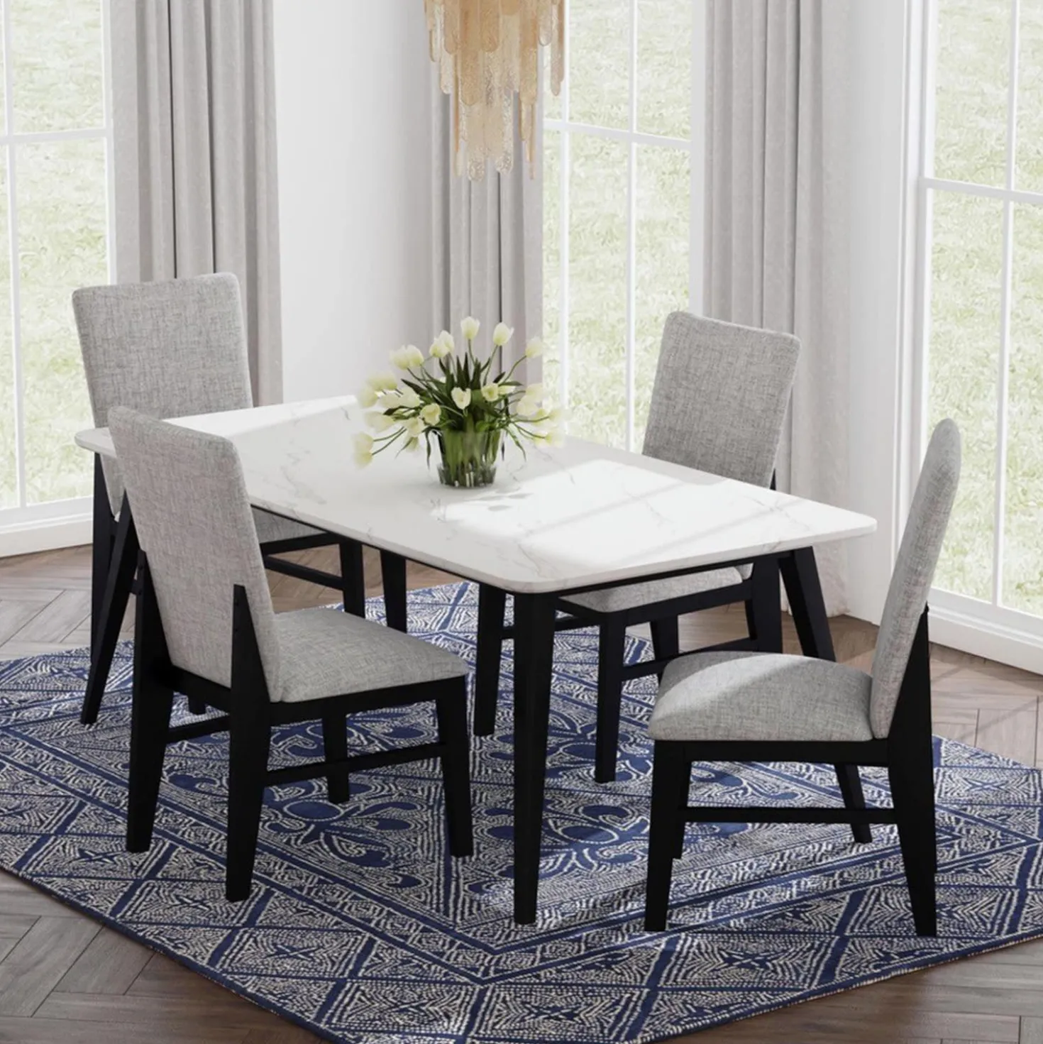 Table à manger avec plateau effet marbre blanc et 4 chaises - tissu gris