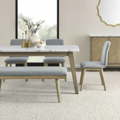 Table à manger avec plateau en marbre blanc, 4 chaises et 1 banc - gris