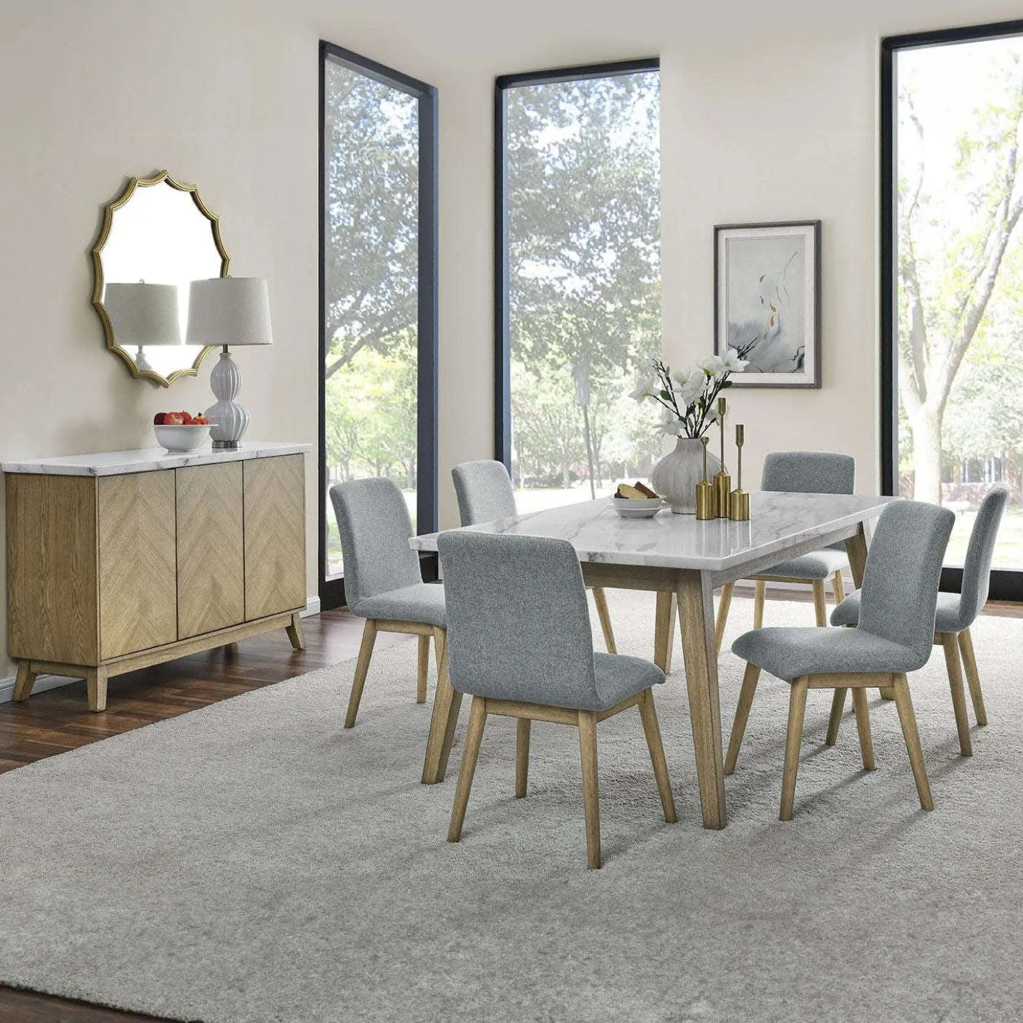 Table à manger avec plateau en marbre blanc et 4 chaises - gris