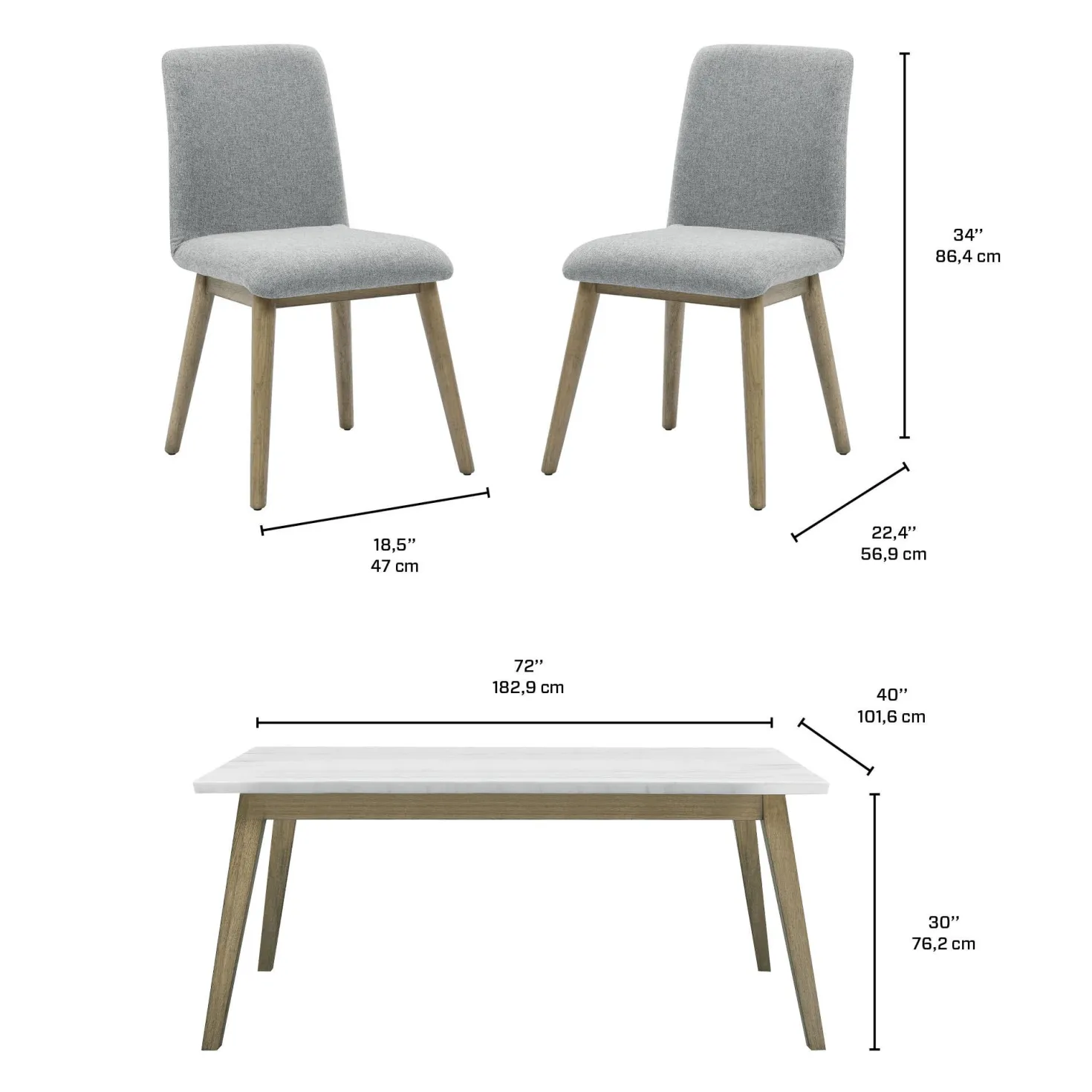 Table à manger avec plateau en marbre blanc et 4 chaises - gris