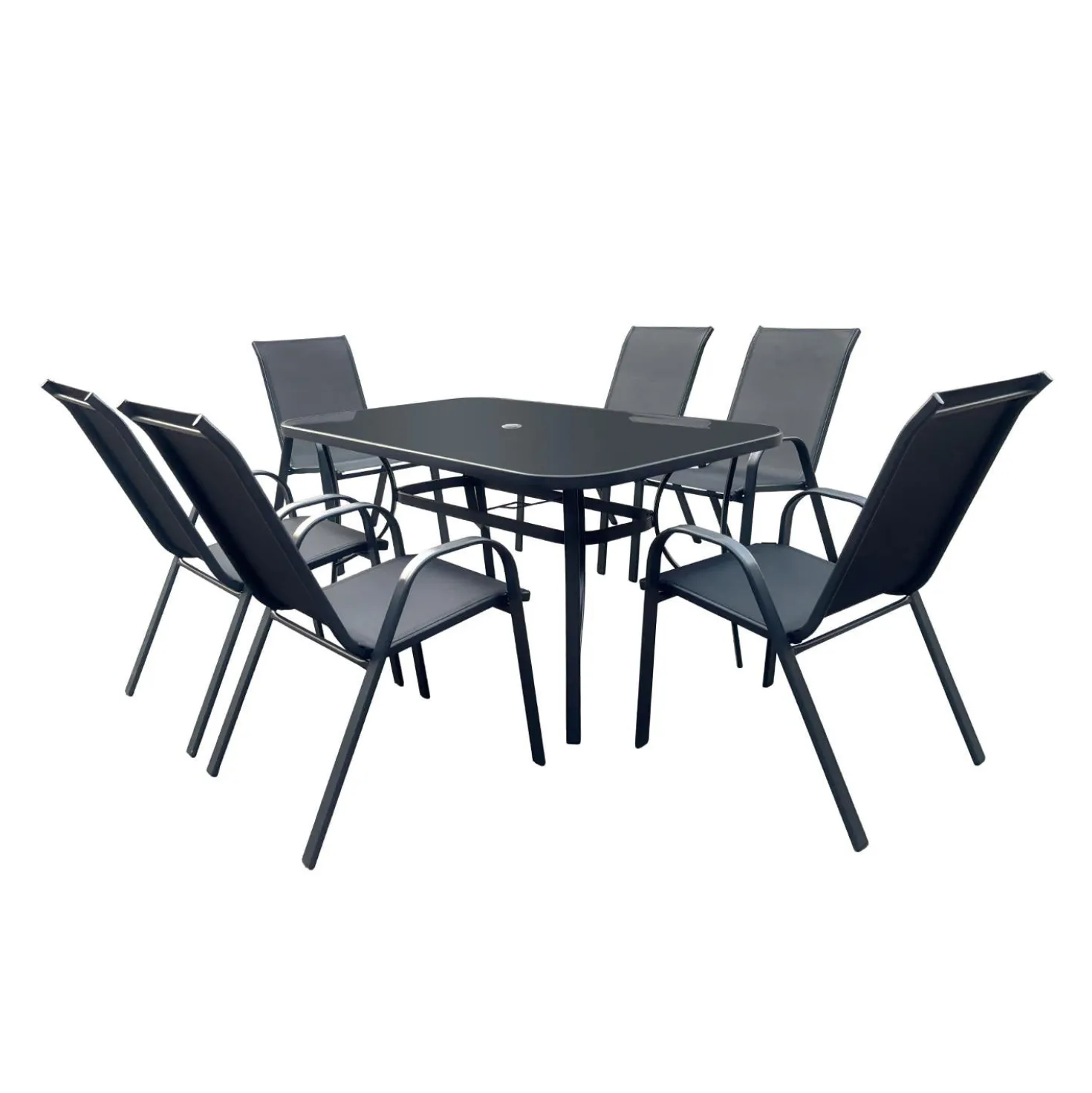 Table à manger d’extérieur rectangulaire en acier avec 6 chaises