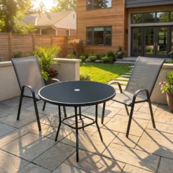 Table à manger d’extérieur ronde en acier avec 2 chaises