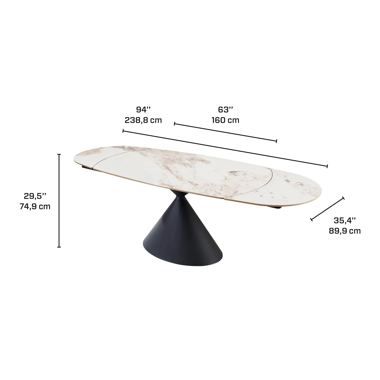 Table à manger ovale convertible extensible avec piédestal - 63"