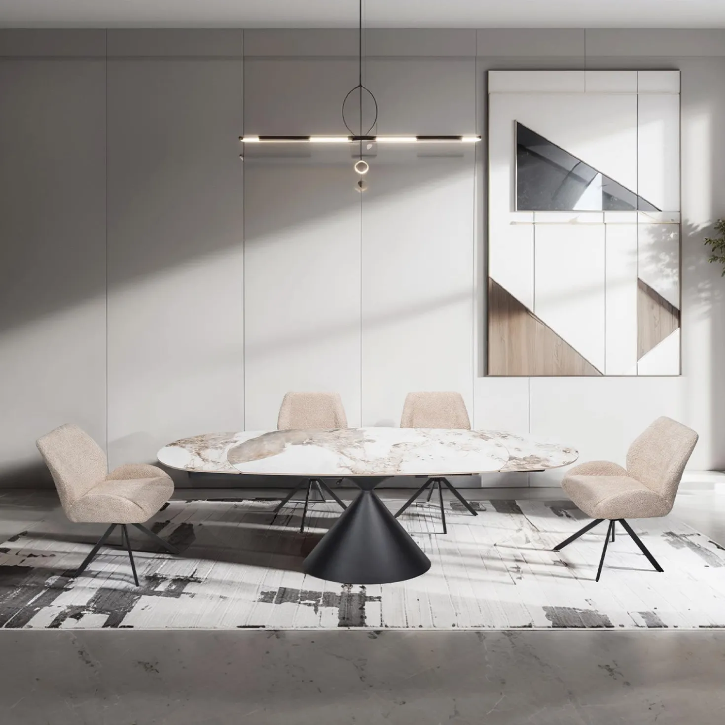 Table à manger ovale convertible extensible avec piédestal et 4 chaises en tissu bouclé - 63"