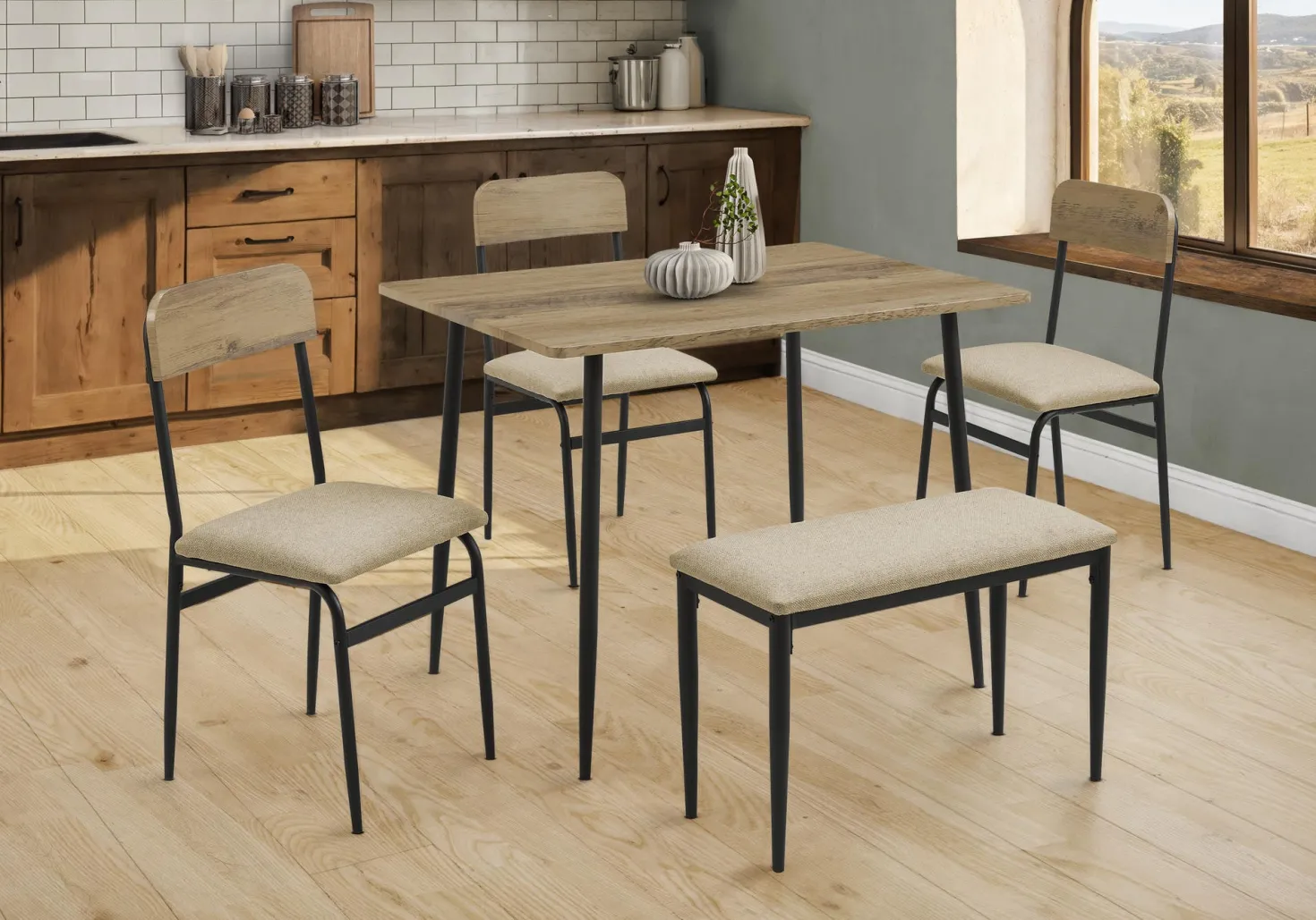 Table à manger rectangulaire avec 3 chaises et 1 banc