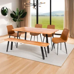 Table à manger rectangulaire en bois massif, 4 chaises et banc - 67"