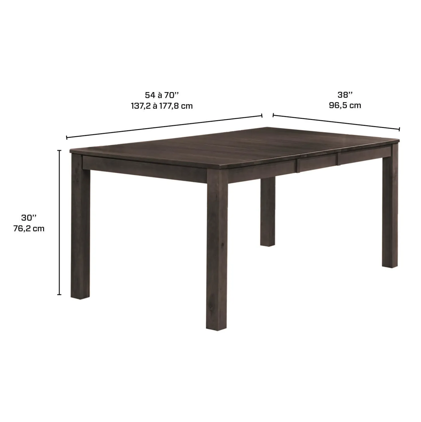 Table à manger rectangulaire extensible en bois massif 54" à 70"