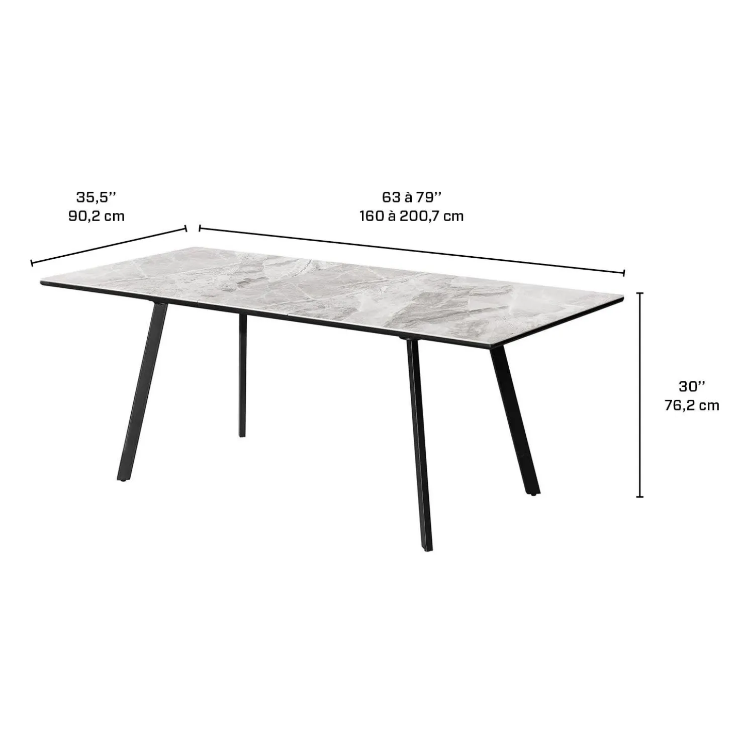 Table à manger rectangulaire extensible en pierre sintérisée 63" à 79"