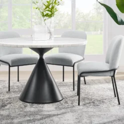 Table à manger ronde en marbre et 4 chaises rembourrées - 48